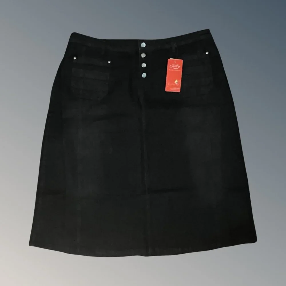 Black Denim Midi Skirt Y2K Vintage Cowgirl A-Line Stretch sz 22 New by Style J - Picture 1 of 8